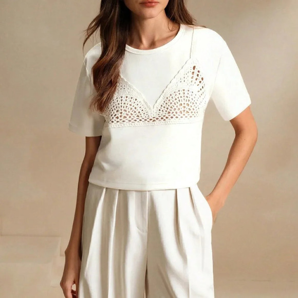 White Casual Women's Round Neck Short Sleeve Lace Patchwork Loose Crop Top - Picture 5 of 7